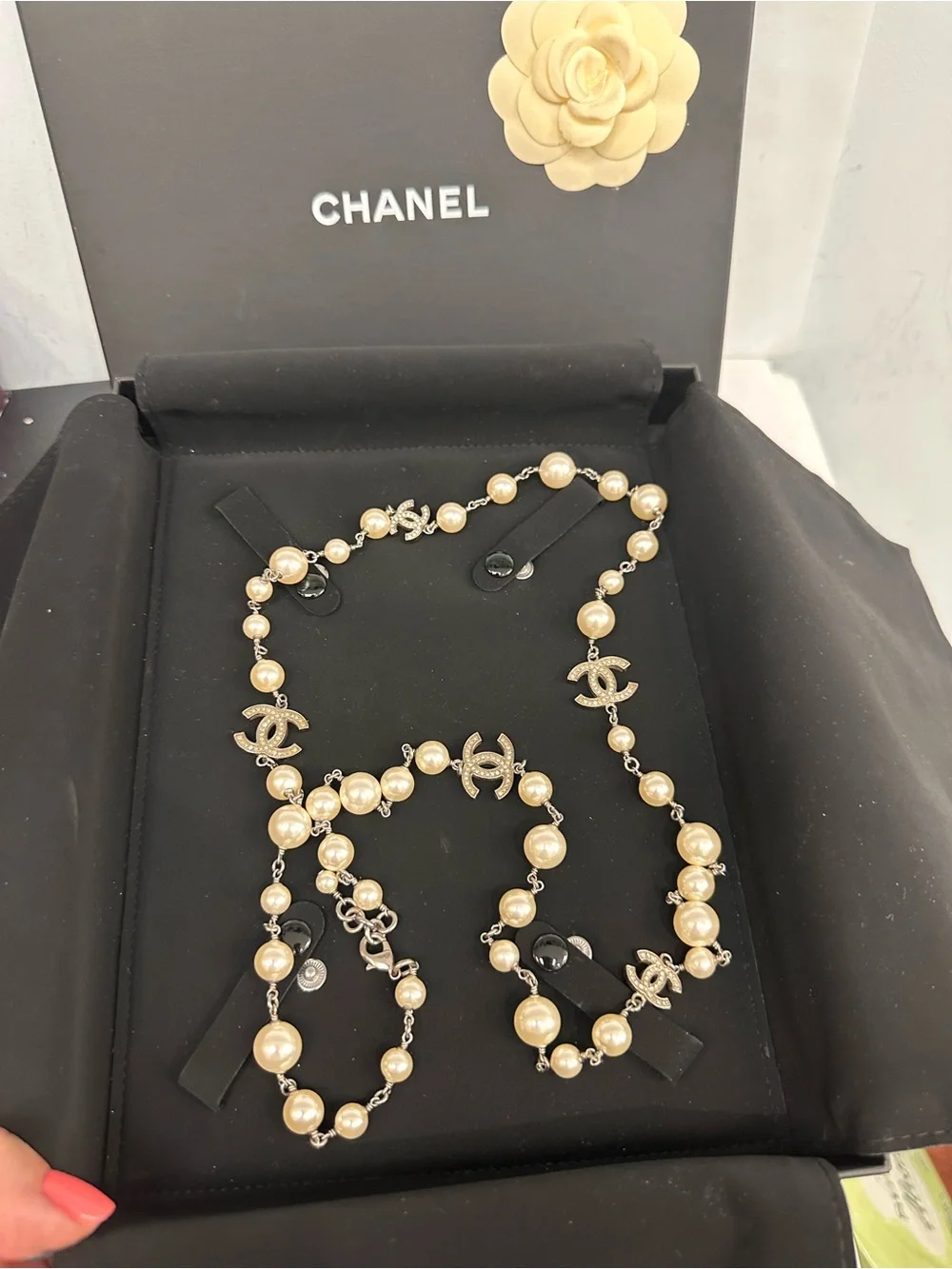 CHANEL Gold-Tone CC and Ivory Pearl Long Necklace